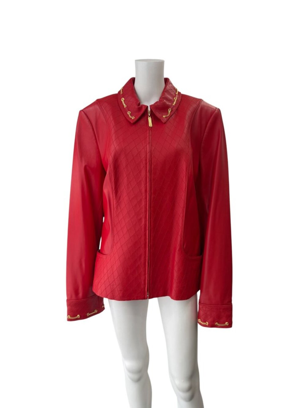 $1295 NWT St. John Matador Red Leather Gold Chain Collared Jacket size XL